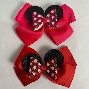 2 Mickey Mouse Ears Red and White Polka Dot Hair Bows